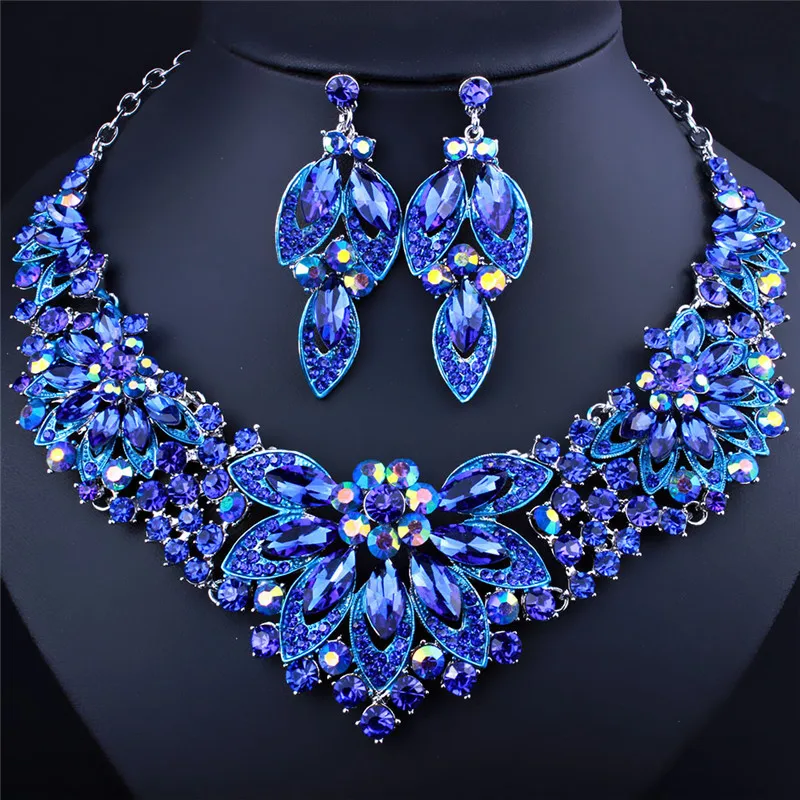 Blue Дизайн, шикарный цветок, полый белый кристалл, ожерелье, серьги, ювелирный набор, свадебный кристалл, аксессуары для свадебного костюма для женщин - Окраска металла: Blue