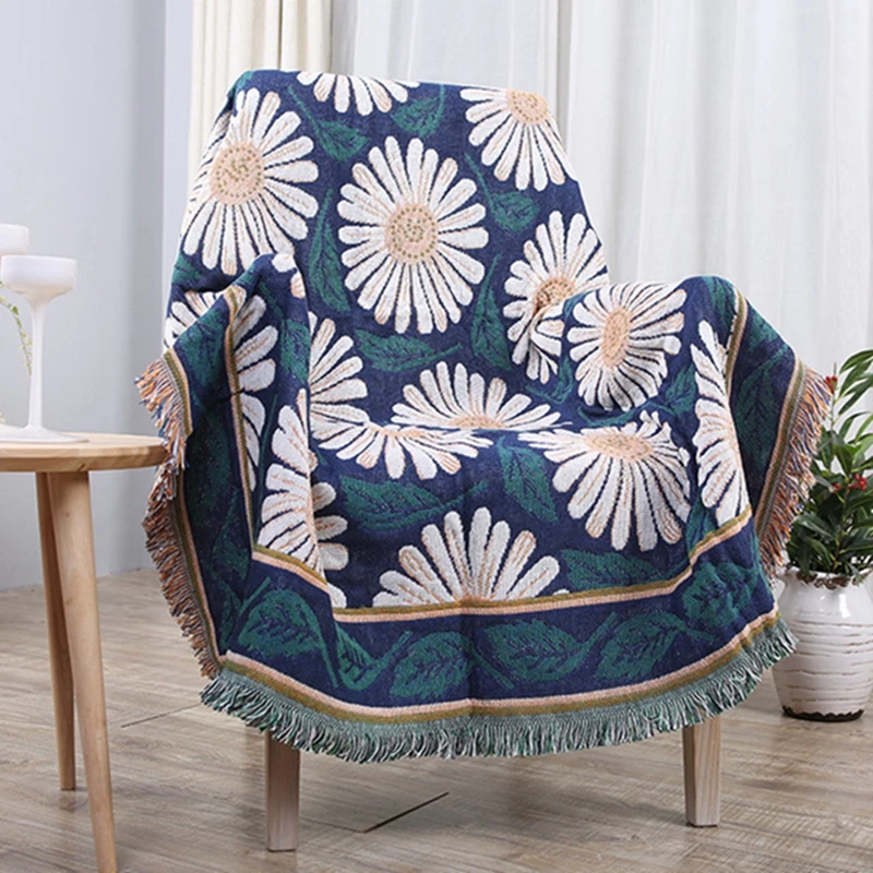 

51" X 71" Inches Multi-Function Throw Blanket Double Sided Cotton Woven Couch Throw White Chrysanthemum for Chair Couch Cover