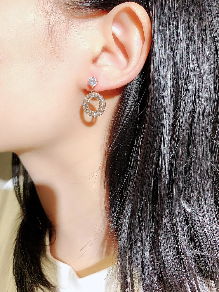 Korean Trendy Full Rhinestone Hollow Earrings for Women Transparent Zirconia CZ Stud Earrings Wedding Bridal Pendant Accessories - Image 2