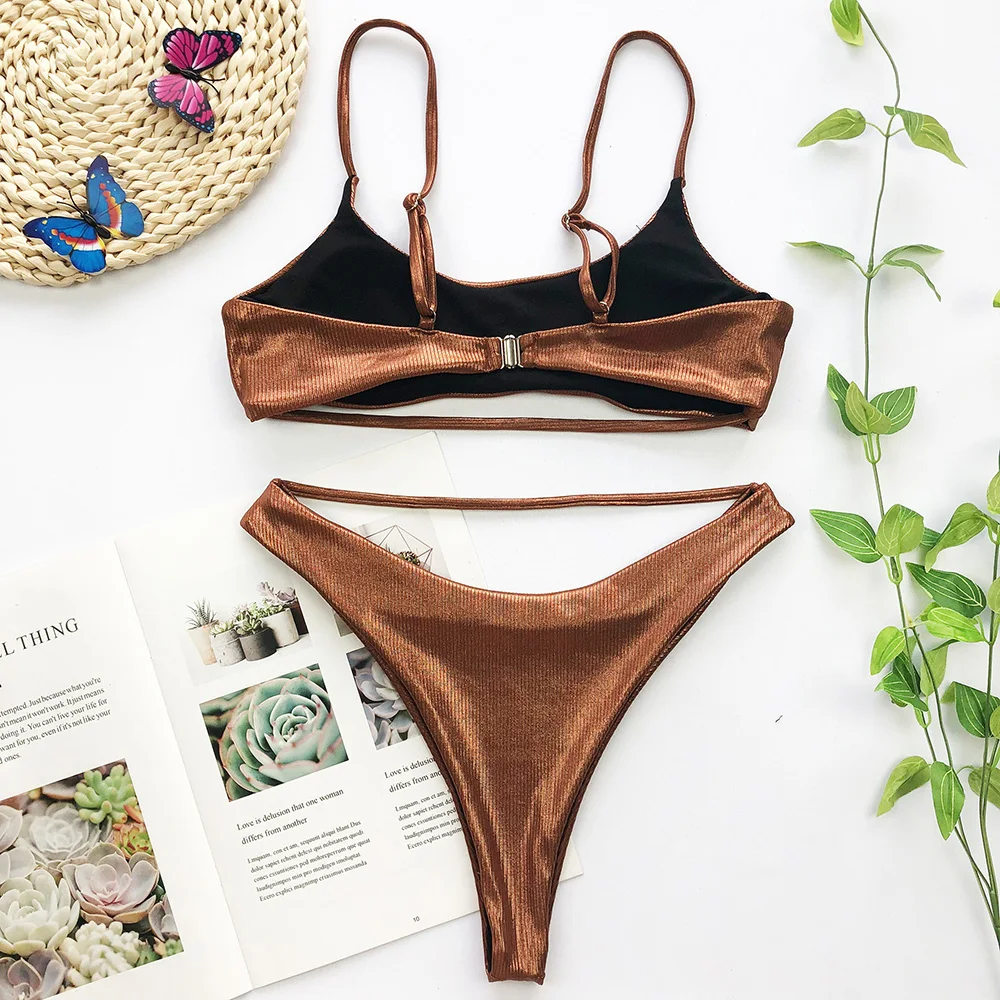 Sexy Brown Bright Bikini Set Solid Black Swimwear Hot Sale Padded High Waist Hollow Swimsuit Women Swimming Suit Bathing Suits