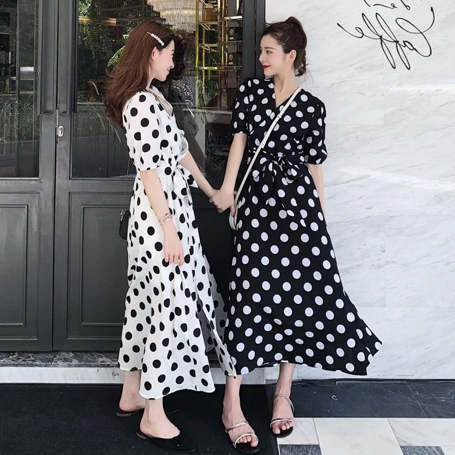 

Photo Shoot Non-mainstream Design Network Red Polka Dot Dress CHIC Gentle White Short Sleeved V-neck Waist Hugging Lace-up A- li