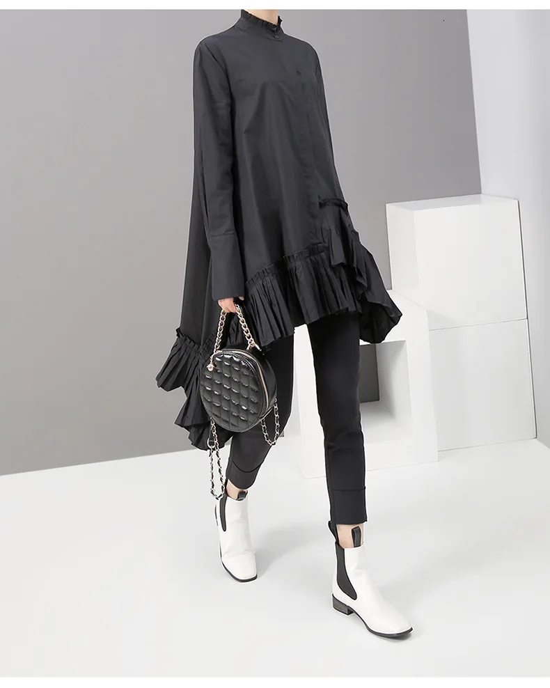 [EAM] женское черно-белое плиссированное платье с большим подолом, новинка, гофрированное платье с длинным рукавом, свободный крой, мода весна-осень 1A180