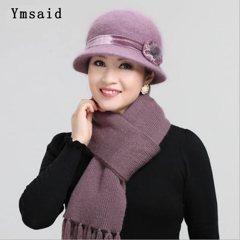 New Winter Women Rabbit Fur Hat Scarf Set Warm Wool Knitted Scarves 2pcs Crochet Bonnet Mom Cap Gifts Flowers Fleece Shawl | Аксессуары