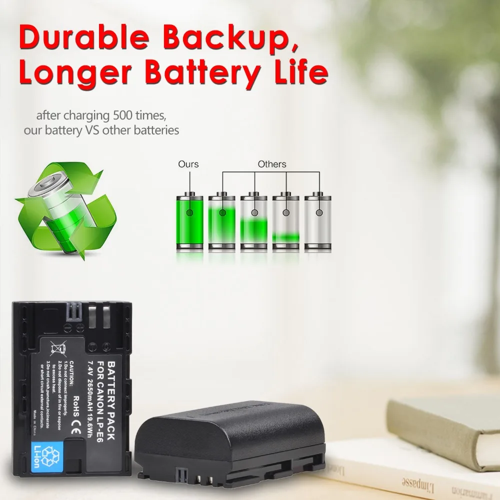 2650mAh LP E6 LPE6 Bateria LP-E6 E6N Camera Battery + Dual Charger For Canon EOS 5D Mark II III 50D 6D 60D 7D 70D 80D 90D EOS R
