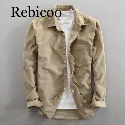 Хаки Men Spring And Autumn Fashion Brand Japan Style Vintage Slim Fit Corduroy Shirt Male Casual Blue Red Shirt Cloth - Цвет: Хаки