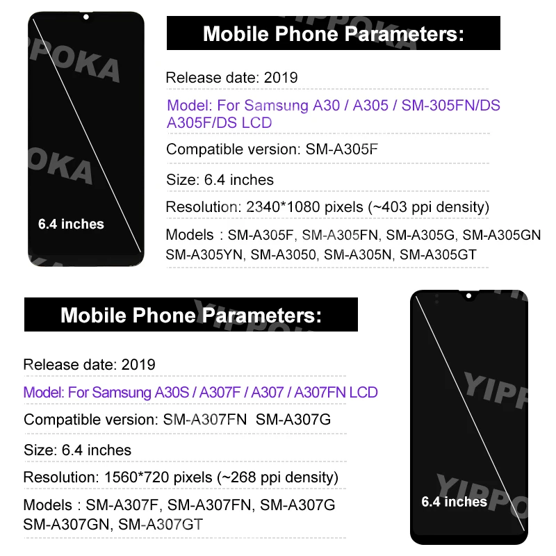 LCD 터치 스크린 디지타이저 디스플레이 어셈블리, 6.4 인치 AMOLED, 삼성 갤럭시 A30, A305, A30S, A307F 용 SM-A305F 디스플레이 선택