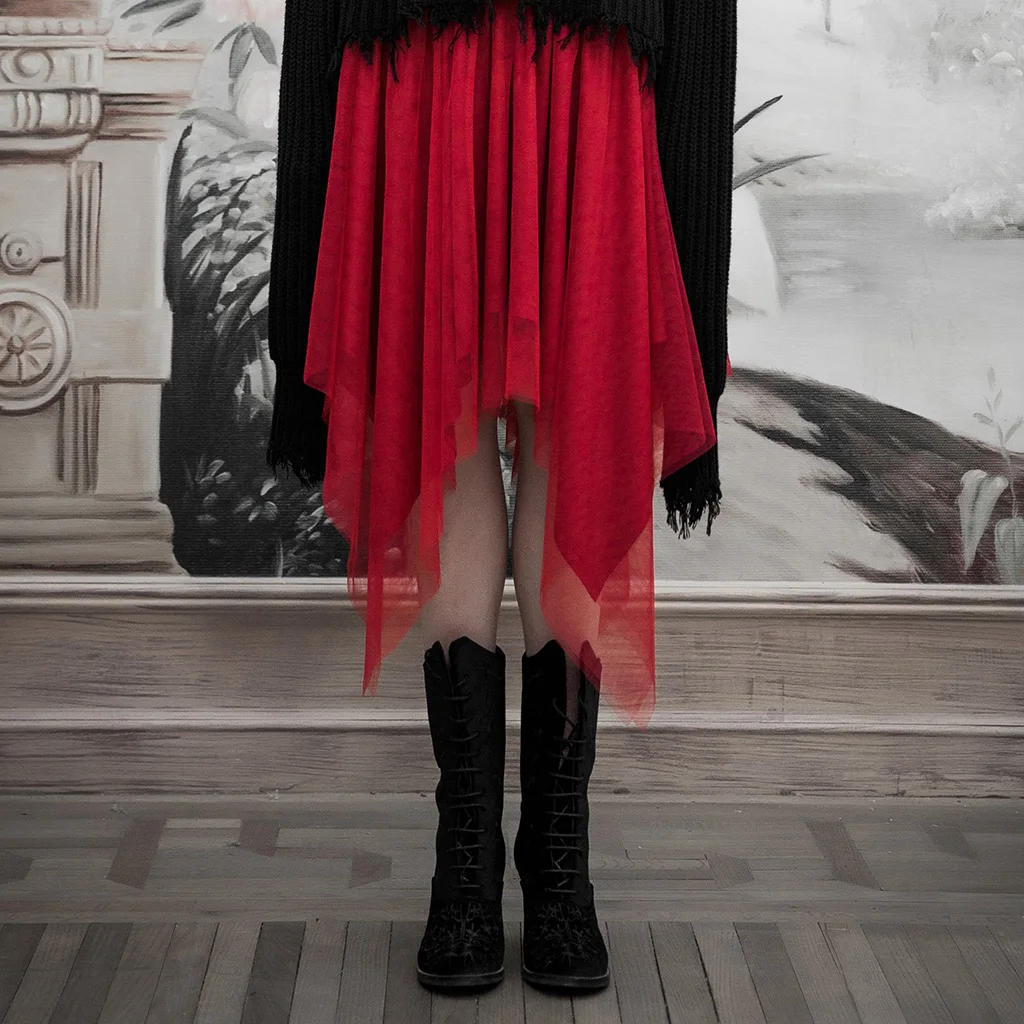 PUNK RAVE Women Punk Eyelet Tie Rope Mesh Half Skirt High Waist Double-layer Asymmetric Hem | Женская одежда