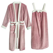Зимние Утепленные фланелевые халаты для женщин, теплый халат и халат, комплект милых розовых пижам, 2 штуки, домашняя одежда, сексуальная женская домашняя одежда