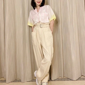 

High-end design casual women two-piece set pink lapel short-sleeved shirt top + belt fashion trousers pants summer Women's Sets