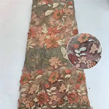 

Orange 2020 African lace bead fabric french embroidery Net Mesh lace fabric high quality Nigeria voile wedding lace dress 1338
