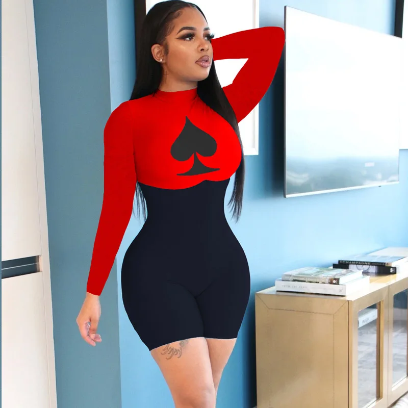 De moda Casual de las mujeres de la reina de picas Bodycon estampado monos otoño mono pantalones cortos trajes Sexy para mujer traje de fiesta Clubwears