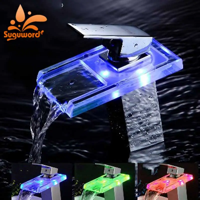 

chrome orb blacked LED Color Bathroom Basin Faucet Waterfall Basin Mixer Tap Deck Mounted Single Handle Hole Cold Hot Water Tap
