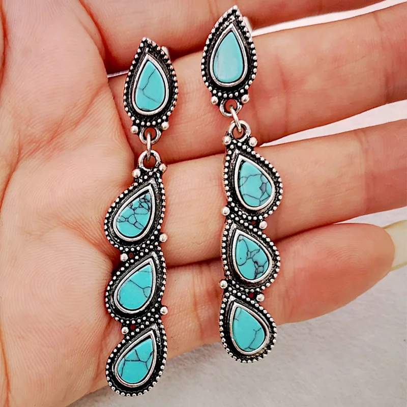 

Tisonliz Vintage Silver Long Hanging Blue Stone Dangle Earrings For Women Pendientes Statement Brincos Drop Earrings Jewelry