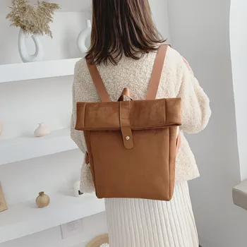 

Aelicy Girls laptop backpack school travel square bag student large capacity suede backpack retro rucksack casual bag