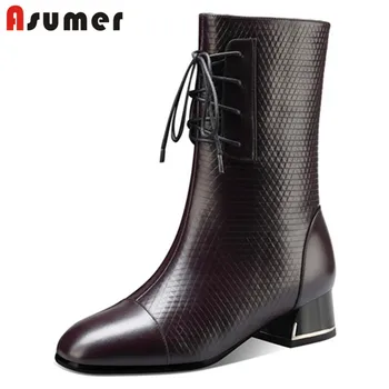 

Asumer 2020 new arrival ankle boots women lace up zip round toe square heels winter boots top quality genuine shoes ladies
