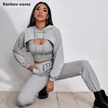

Rainbowwaves Sexy Women Tracksuit Suit Drawstring Sweatshirt Hood Loose Overlay Short Camis Hoodies Sportspants Three Piece Set