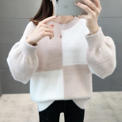 

2019 autumn and winter round collar square Imitation mink wool thick weater for women loose knitted women's sweater
