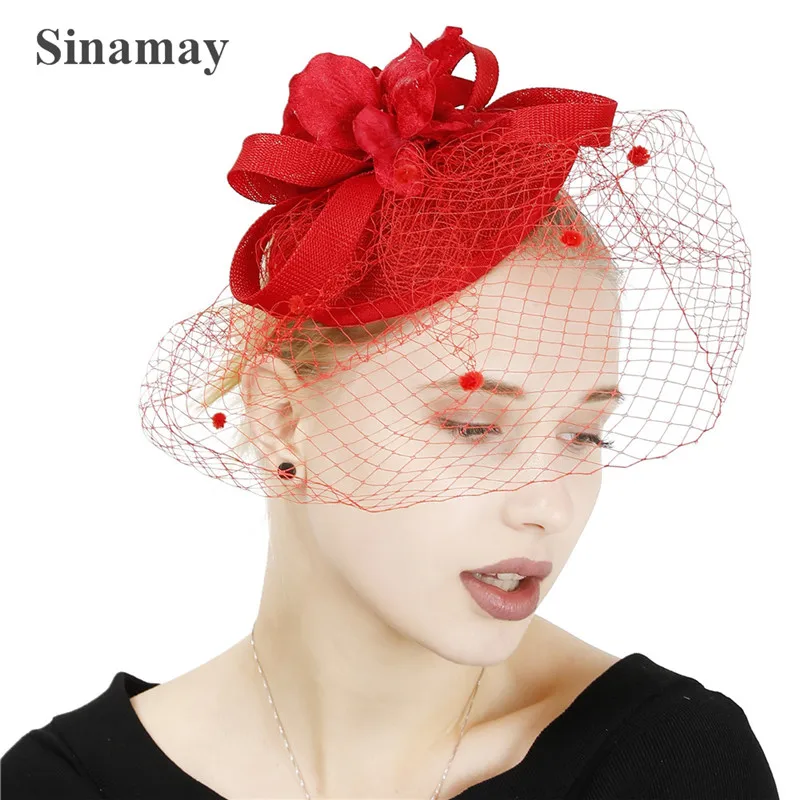 Mesh Bridal Red Fascinator Headband Hat Elegant Women Formal Cocktail Headpiece New Charming Show Race Occasion Millinery Cap champagne feather millinery hats women fascinators imitation sinamay derby caps bridal married elegant headpieces for occasion