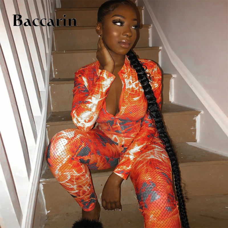 

Baccarin tie dye polka dot women zipper jumpsuit long sleeve bodycon sexy stretch streetwear 2020 autumn winter sporty one piece