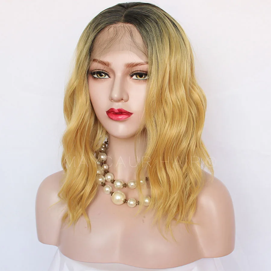 Maycaur Black Yellow Short Bob Lace Front Wigs for Black Women Synthetic Heat Resistant Soft Fiber Hair Wavy Wigs (5)