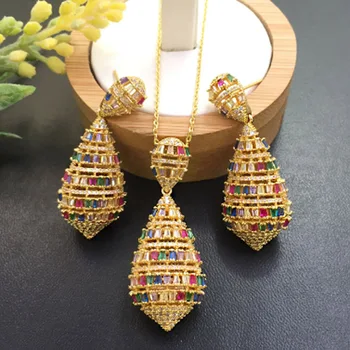 

Zlxgirl luxury brand Graceful Skirt Hem Circle Micro Plated colorful cubic zircon copper pedant necklace Earrings for Engagement