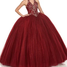 Сверкающее Blingbling бургундское Тюлевое платье Бальные платья v-образным вырезом Кристаллы Бисероплетение Аппликации Полная Длина бальные платья