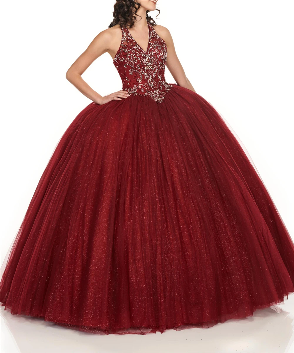 

Sparkling Blingbling burgundy Tulle Robe Quinceanera Dresses V-Neck Crystals Beading Appliques Full-Length Quinceanera Dresses