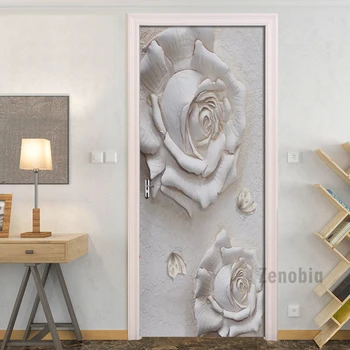 

3d Embossed Blooming Rose Door Stickers HD Print Wallpaper Stickers Waterproof PVC Material Self-adhesive Home Decoration Design
