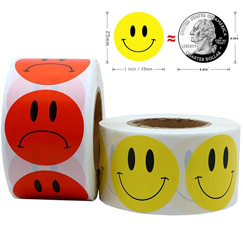 

500PCS/roll Yellow Smiley Happy Face and Red Crying Face Stickers Labels for Theacher Student Children Supply Kawaii Reward Tags