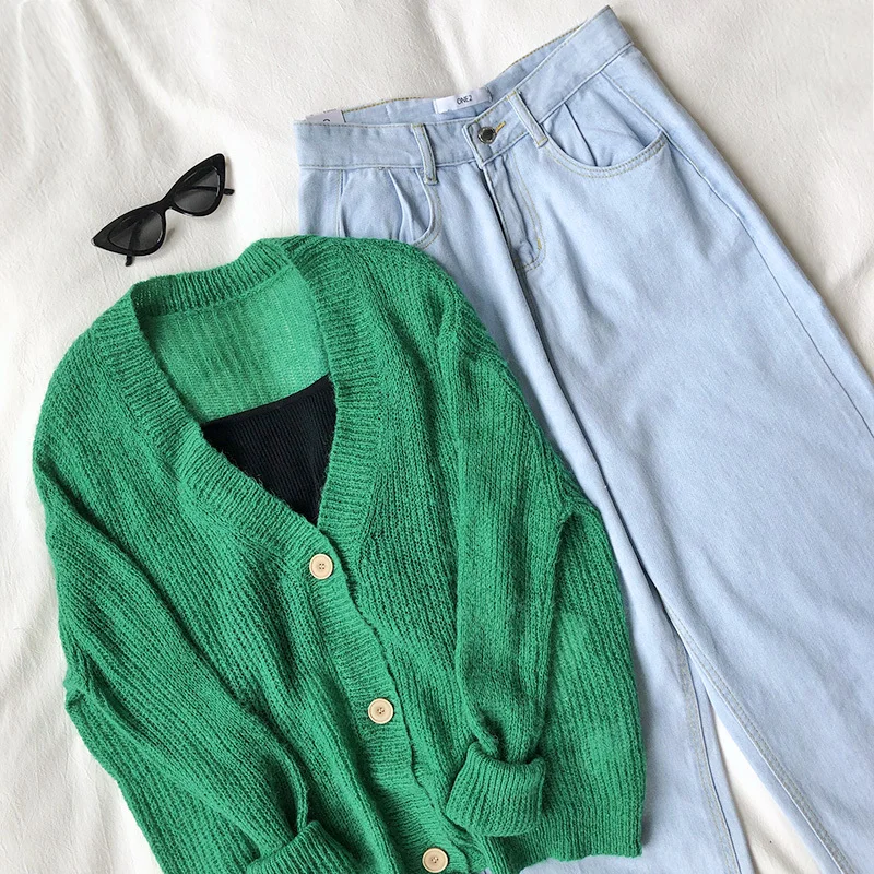 

Green Knitted Cardigan Three Button Loose Slim Fall 2019 Sweater Coat