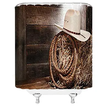 

Western Decor Shower Curtain Set, American West Rodeo Hat with Traditional Ranching Robe on Wooden Ground Folk Art Photo,