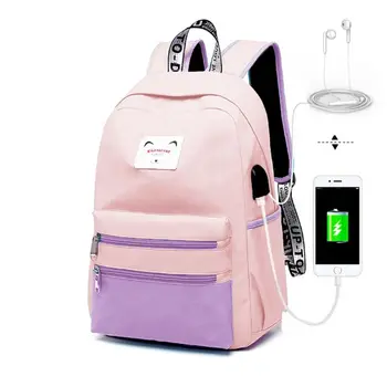 

WoMan Girls Patchwork Backpack with USB Charging Port School Bags Casual Travel Laptop Daypacks Rucksack Bookbags