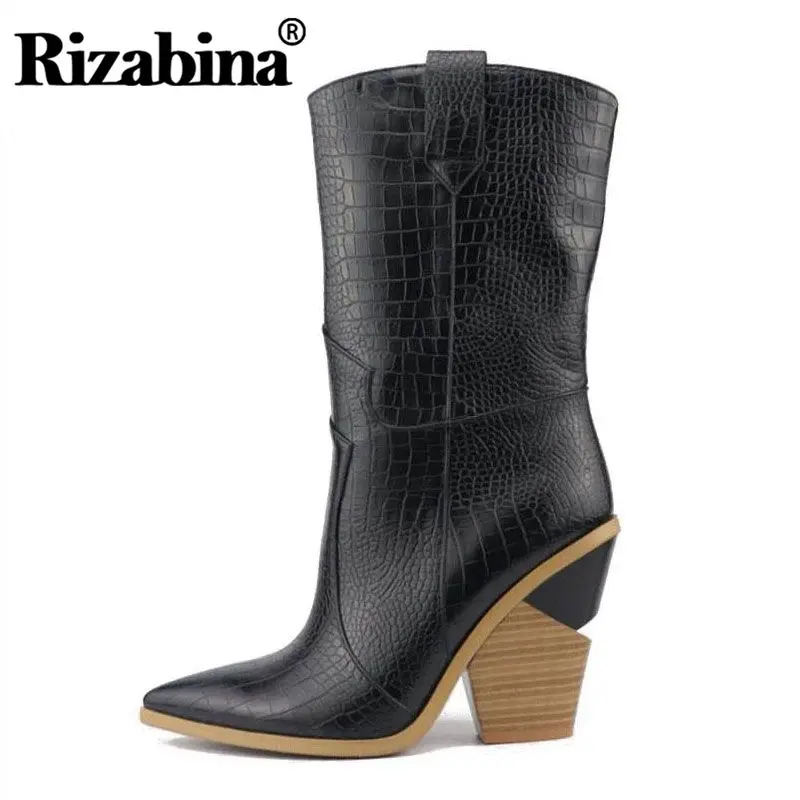 RIZABINA/женские сапоги до середины икры, большие размеры 33-46 новая зимняя обувь в клетку Женские повседневные пикантные теплые меховые сапоги на высоком каблуке, осень