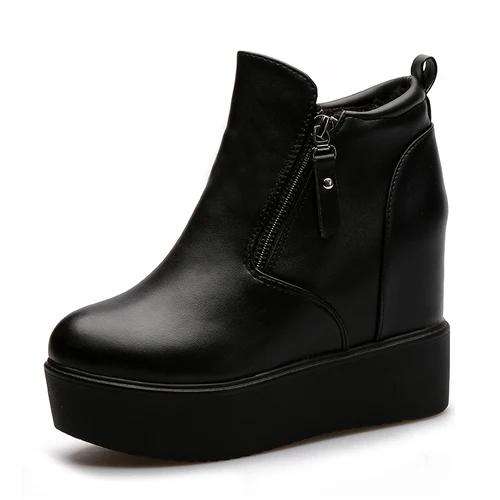 Size33-41; женская обувь на танкетке; осенние ботильоны; повседневная обувь из микрофибры на высоком каблуке, увеличивающая рост; зимние плюшевые ботинки - Цвет: Black Single