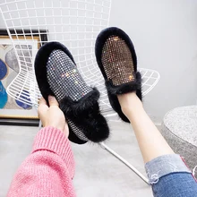 Женская обувь на плоской подошве; коллекция года; модная зимняя женская обувь со стразами; Лоферы без застежки; теплая плюшевая женская зимняя обувь; лоферы