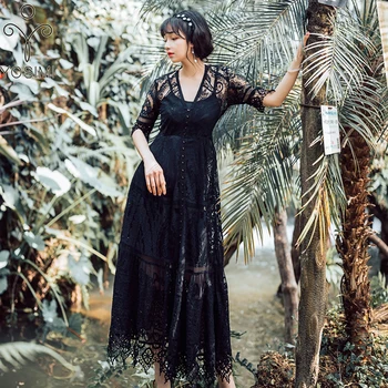 

YOSIMI 2020 Summer White Women Dress Vintage Lace V-neck Short Sleeve Mid-calf Long Dress Black Slim Party 2piece Female Vestido
