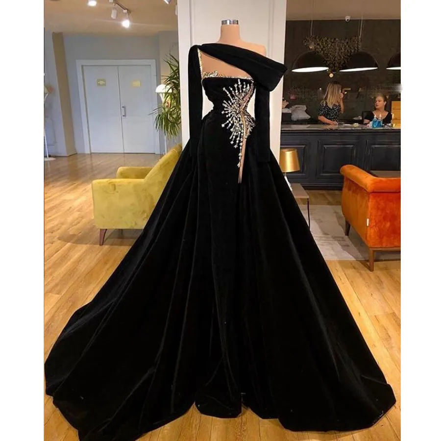 Vintage Black A-Line Evening Dresses With Sparkle Gold Sequin Beads Long Prom Gowns Detachable Train Full Sleeves | Свадьбы и