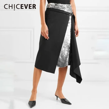 

CHICEVER Elegant Sequins Irregular Patchwork Women's Skirt High Waist Asymmetrical Midi Skirts Female Fashion 2020 Clothing Tide