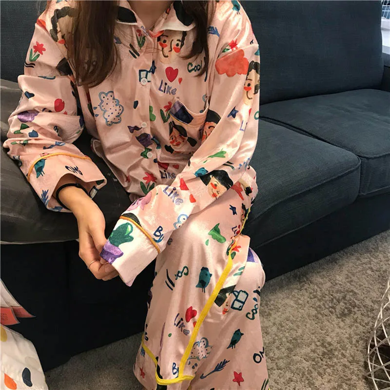 

Autumn pajamas women's long-sleeved gold velvet print can be worn outside home clothes soft long-sleeved trousers sleepwear set