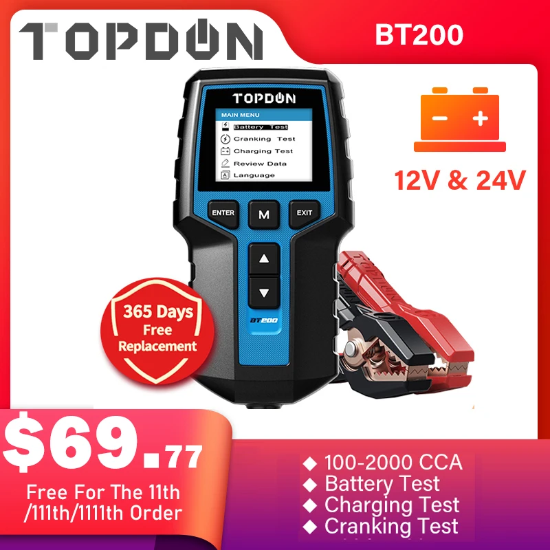 BT 12V 24V Car Auto Battery Tester Load Drop Charging System Analyzer TOPDON BT200 