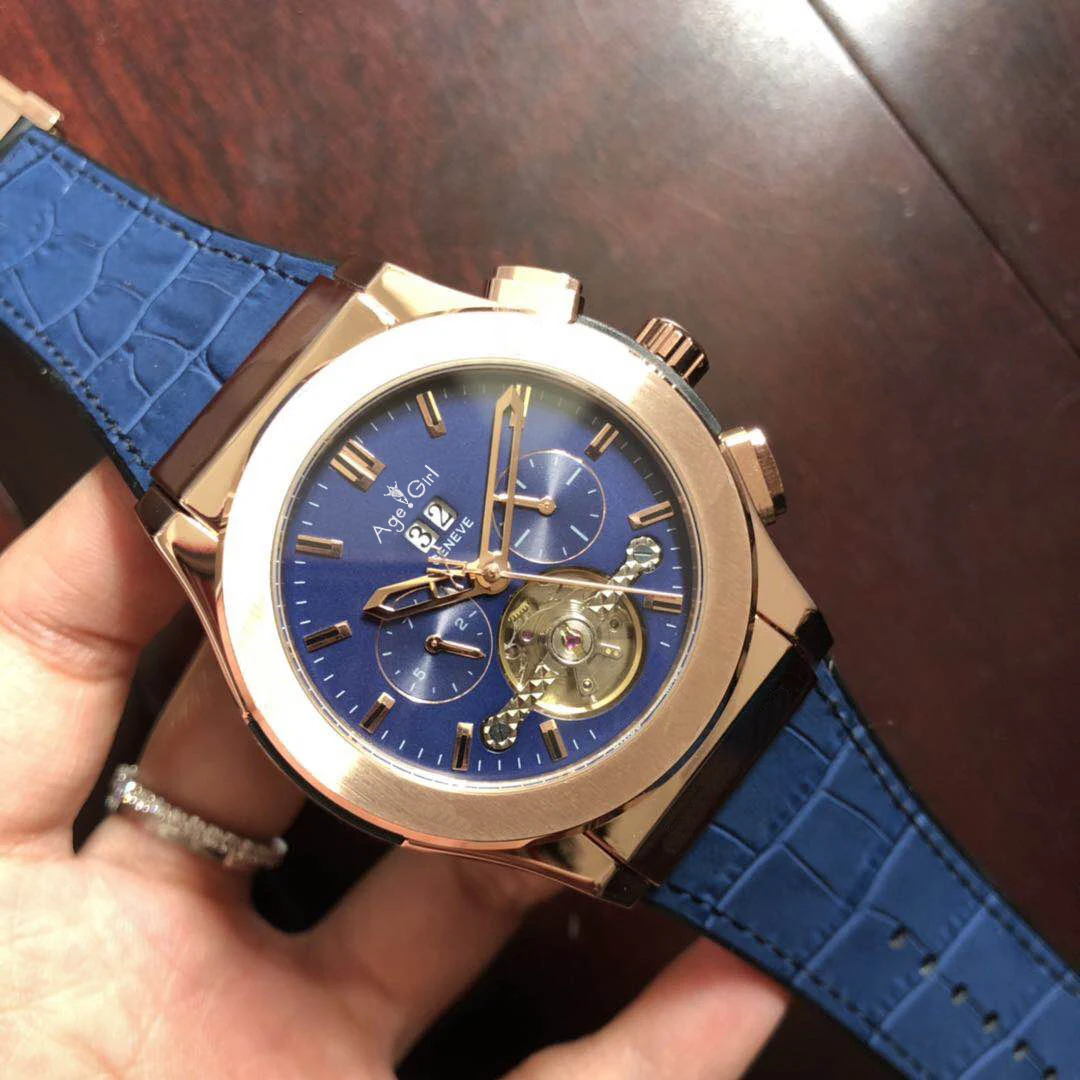 

Luxury Brand New Men Blue Leather Rose Gold Automatic Mechanical Sapphire Tourbillions Watches Glass Back See Through Sport AAA+