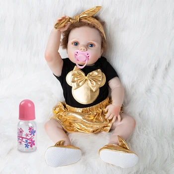 

Gold Reborn Dolls Baby Toys Girl 55cm Doll Newborn Christmas Gifts & Clothing Sets Black Cotton Romper+Bloomers+Shoes+Headband