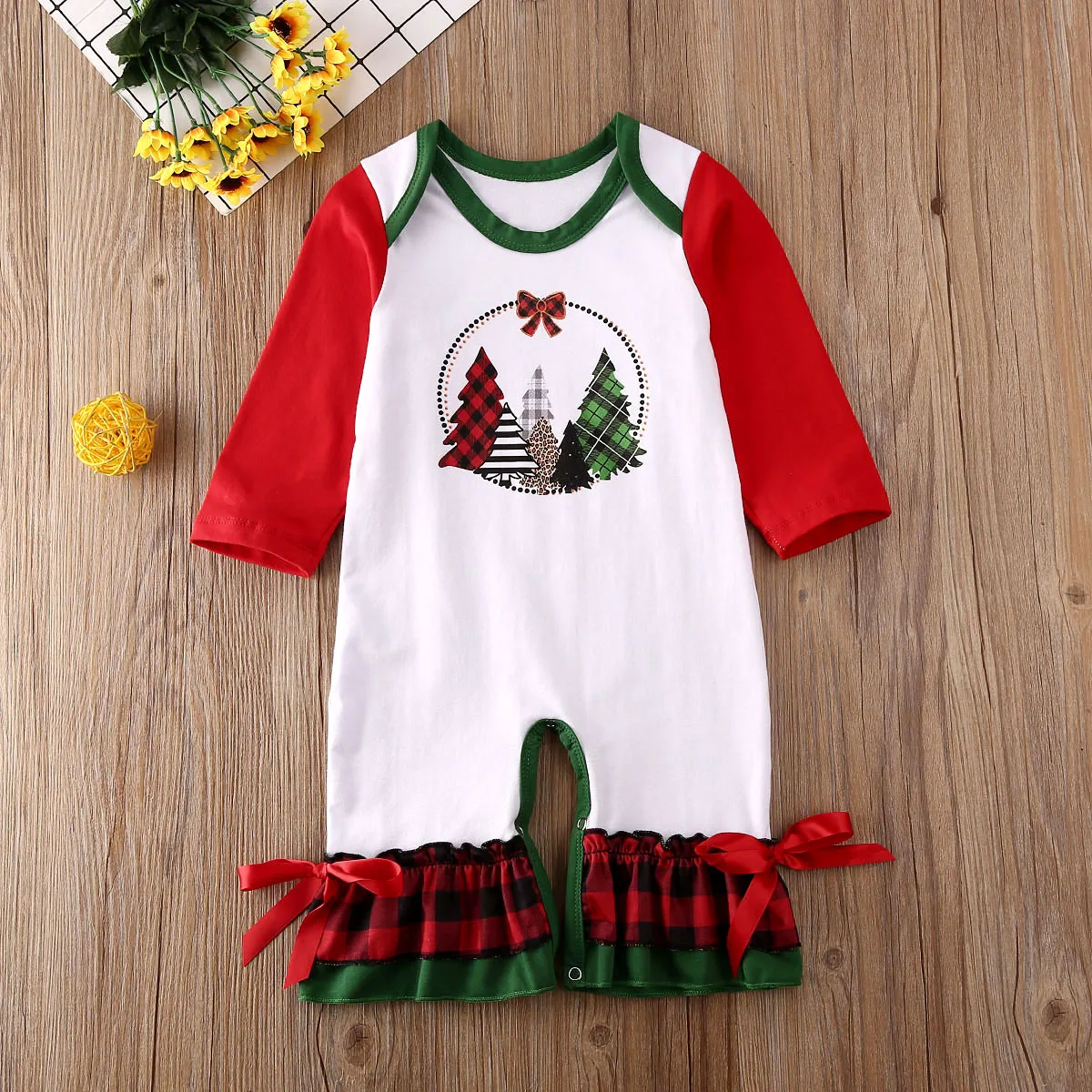 Детская одежда на весну и осень, Детский комбинезон с оборками и рисунком рождественской елки для новорожденных девочек, комбинезон с длинными рукавами, костюм с деревом Санта-Клауса