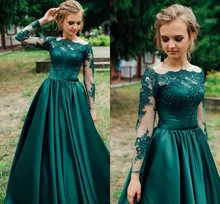 

A-Line Green Satin Prom Gowns Appliques Long Sleeve Off the Shoulder Evening Dresses 2021 Vestido De Festa Floor Length