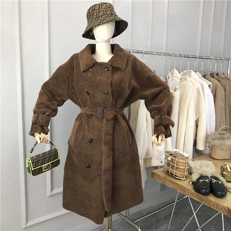 Dark Brown Gagarich женское плотное Пальто Ретро двубортное теплое меховое женское Новое свободное тонкое пальто с ремнем осень зима - Цвет: Dark Brown