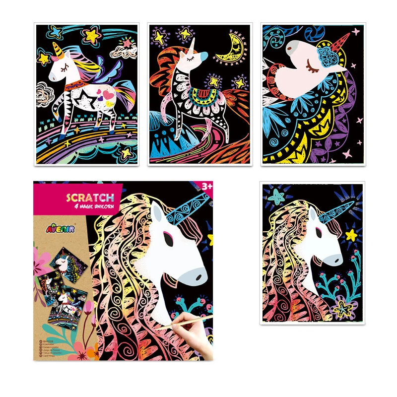 

Magic Color Scratch Art Unicorn Painting Paper Card Set With Graffiti Stencil For Drawing Stick DIY Toy 3Y+ Kids Best Gift