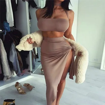 

BacklakeGirls 2020 Two Piece Dress Women Summer Set Halter Straps 2 PCS Party Club Sexy High Split Midi Bodycon Cocktail Dress