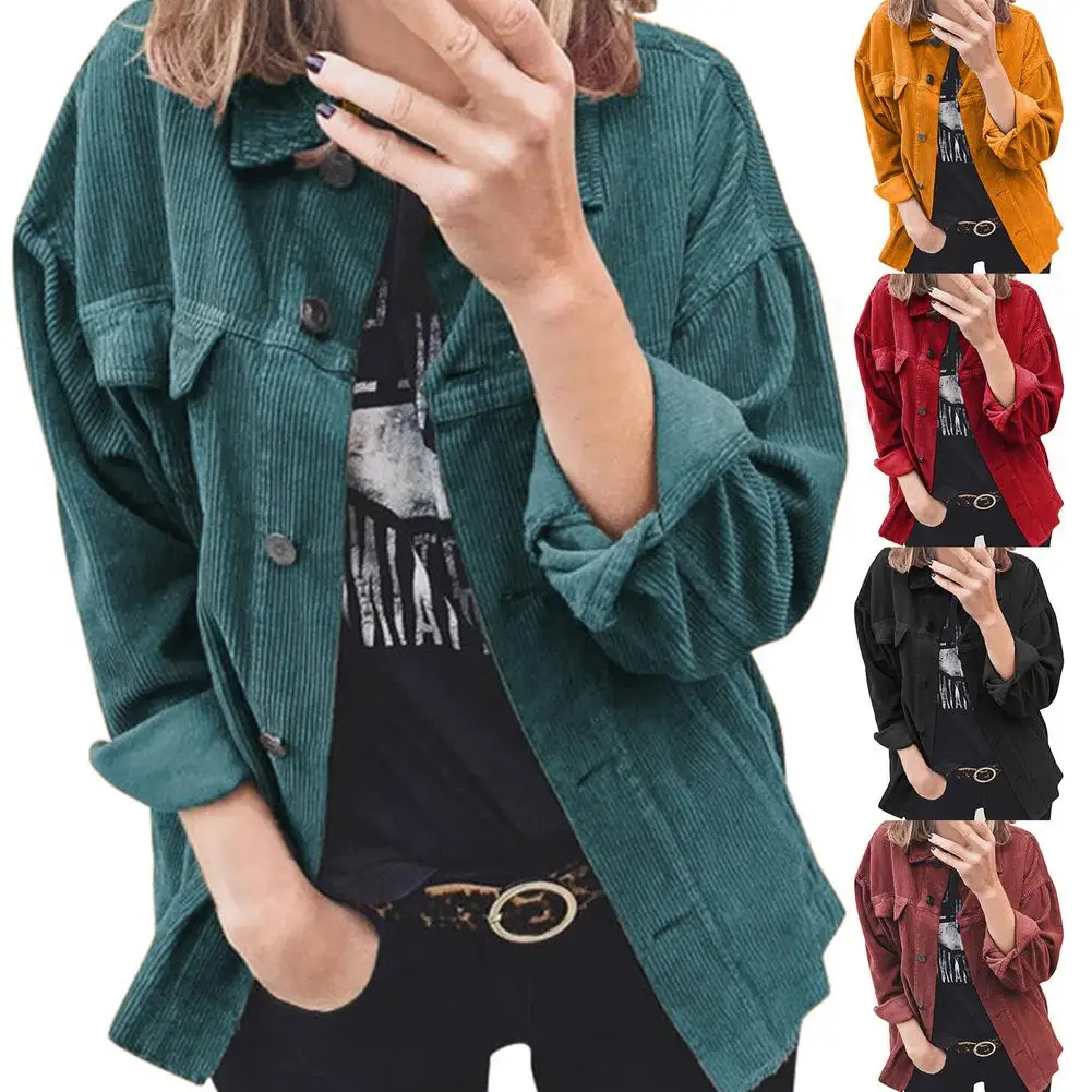 2021 Fashion Turn-Down Collar Single-breasted Coats Autumn Winter Solid Women Short Jacket Warm Corduroy Lady Casual Outwears 1