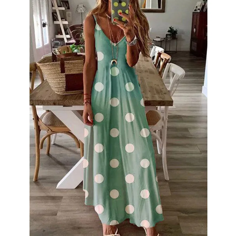 

Women Casual Gradient Polka Dot Print V Neck Sleeveless Summer Dress Loose Maxi Long Beach Vintage Dress 3XL