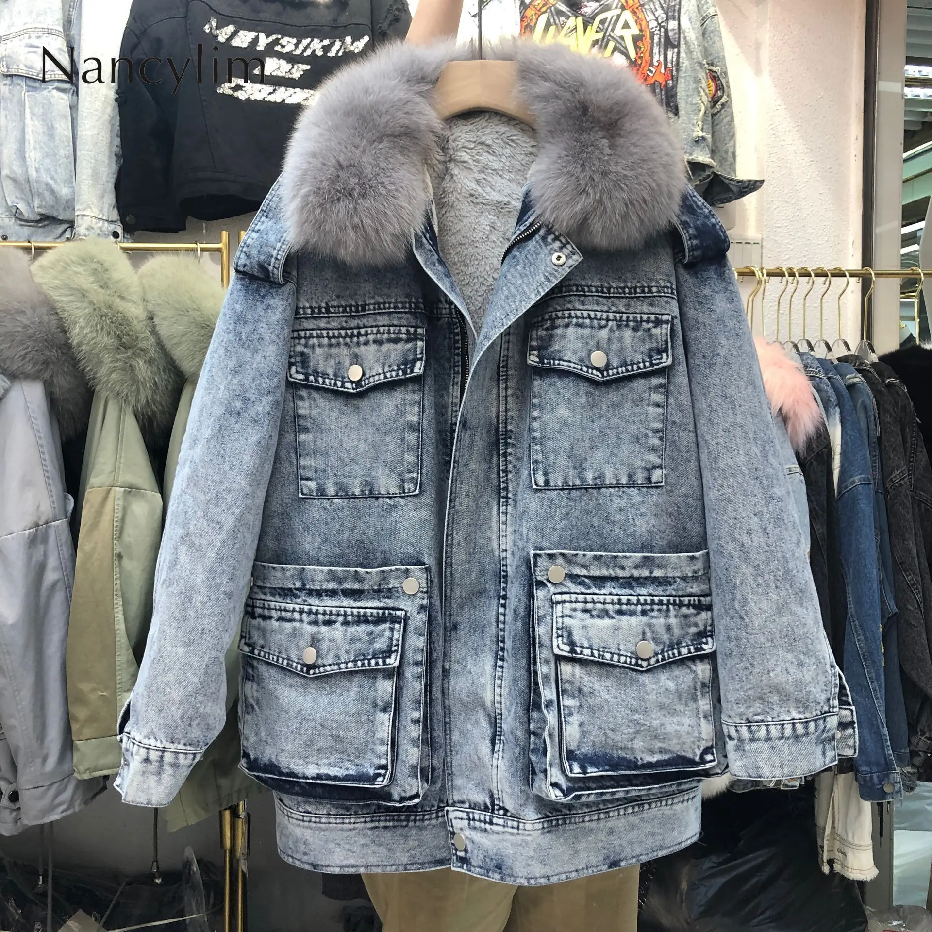 

Real Fox Fur Collar Fur Coat Removable Inner Denim Jacket Women's Fur Collar Coat Zipper Denim Jeans Parka Parkas Windproof